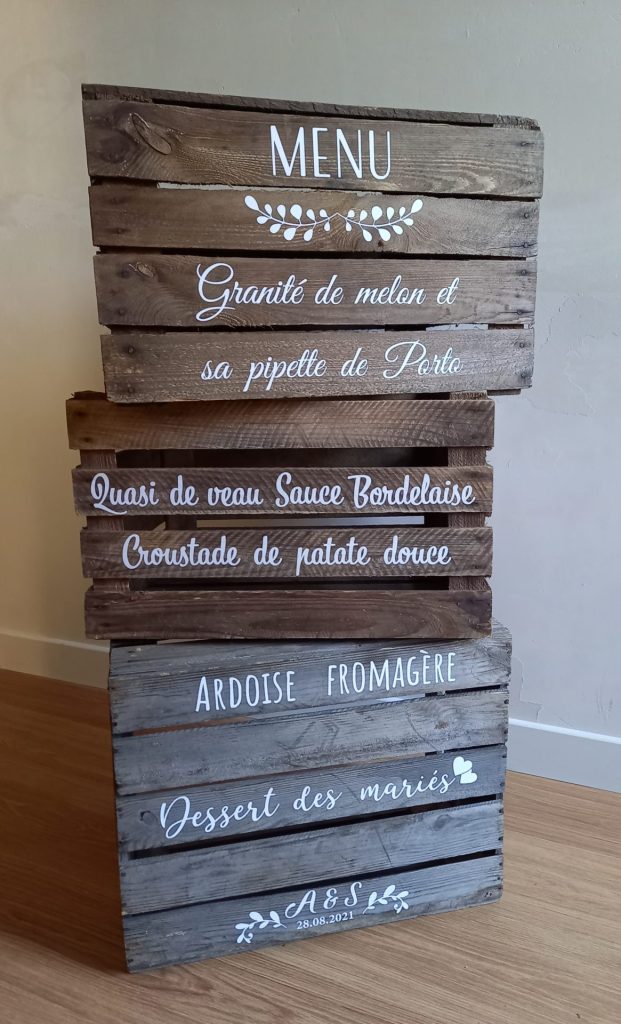 création, carterie, menu, caisse à pommes, décoration, sur-mesure, thème, personnalisation, mariage, Décorevents, aquitaine, gironde, Bordeaux