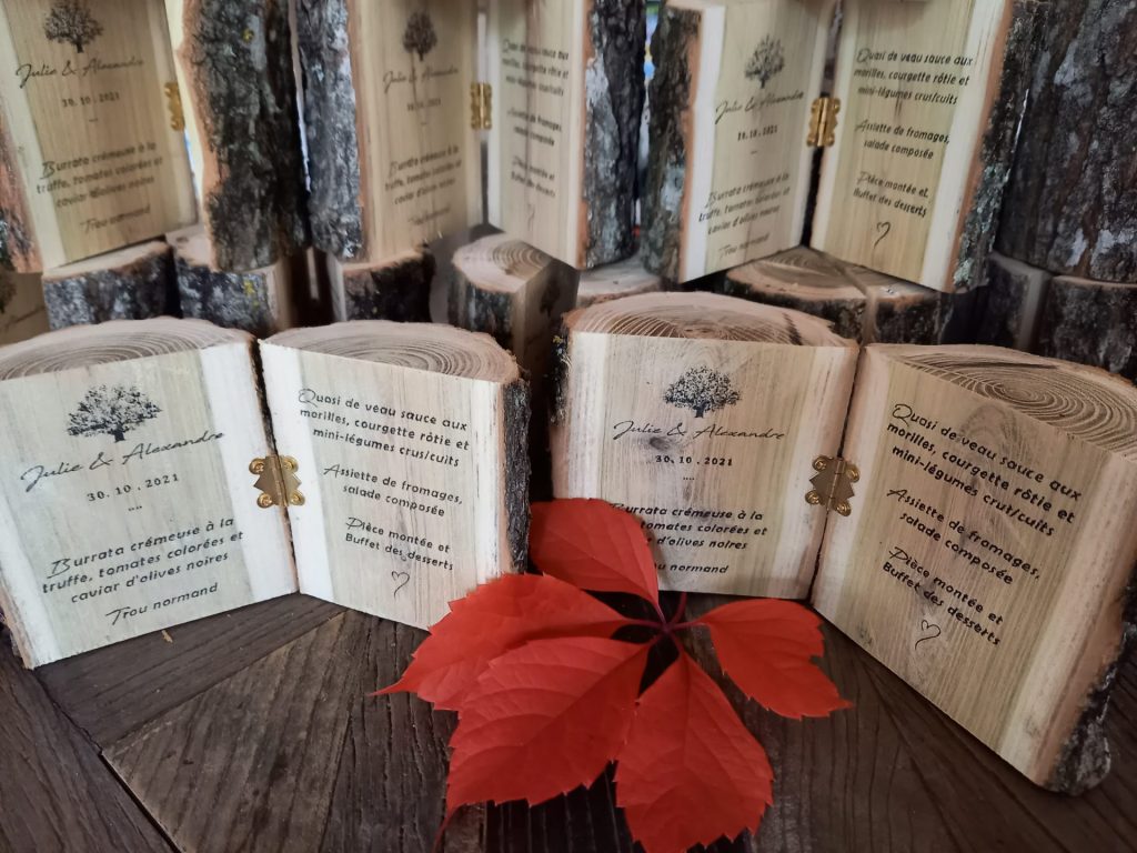 création, carterie, menu, bois, décoration, sur-mesure, thème, personnalisation, mariage, Décorevents, aquitaine, gironde, Bordeaux