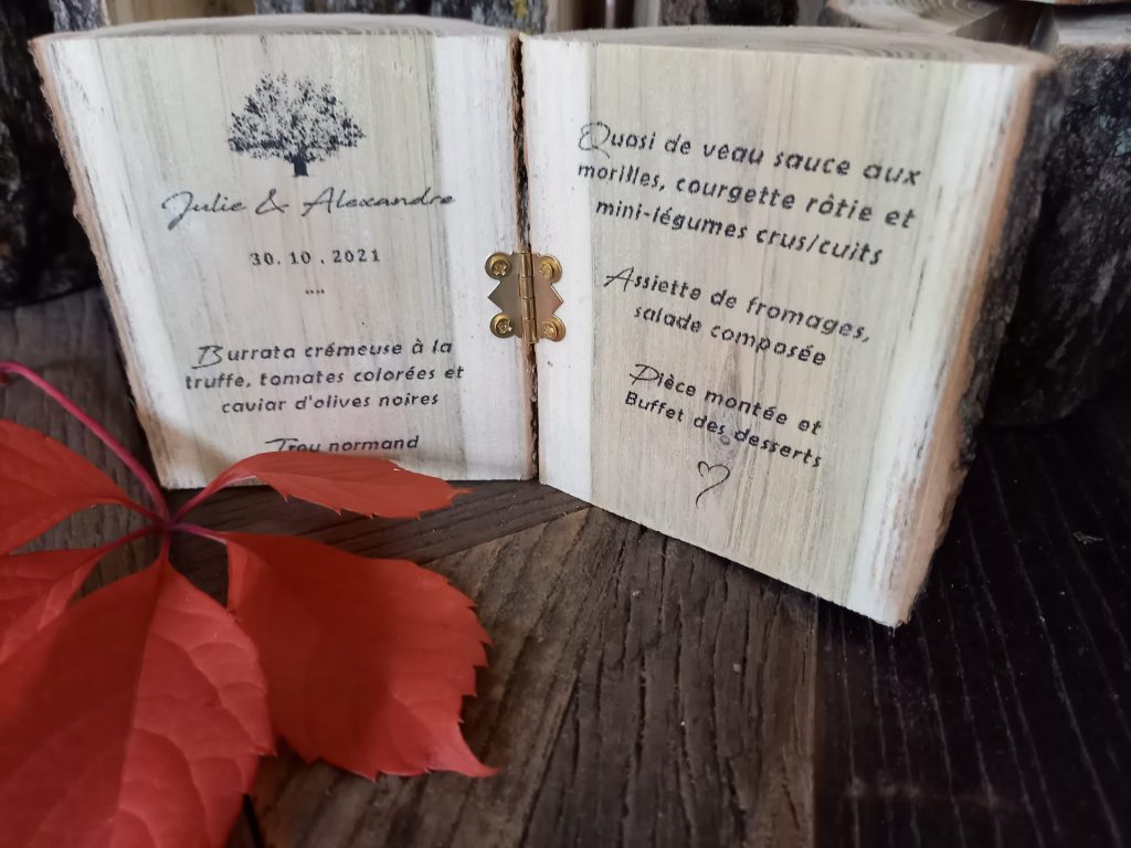 création, carterie, menu, bois, décoration, sur-mesure, thème, personnalisation, mariage, Décorevents, aquitaine, gironde, Bordeaux