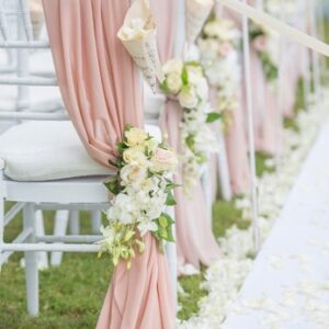 nœud, chaise, chemin, table, tissu, textile, mousseline, location, pêche, rose, décoration, mariage, Decorevents, Gironde, Bordeaux, aquitaine